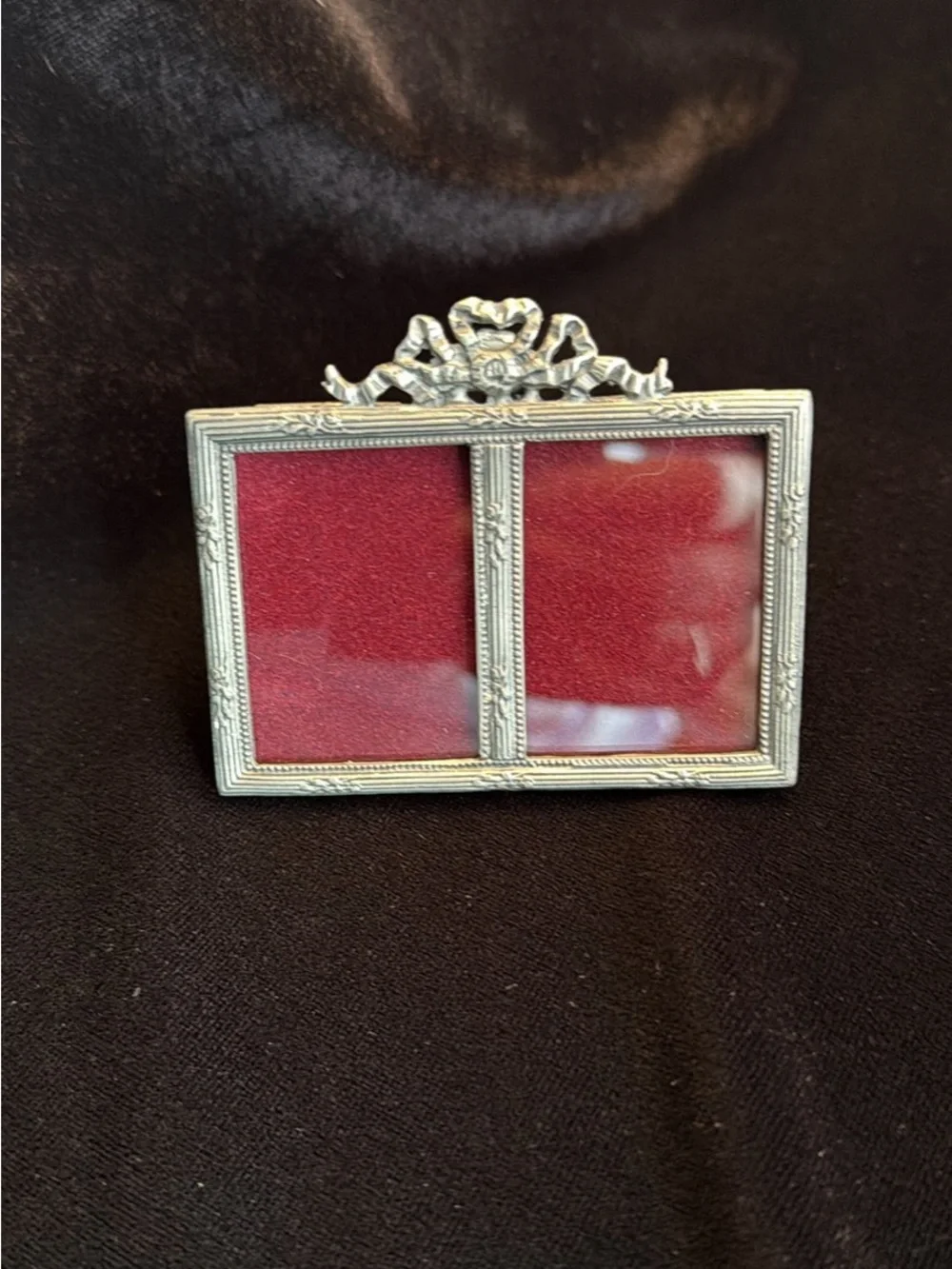 Tiny Vintage Double Picture Frame in Pewter with Red Velvet Insert